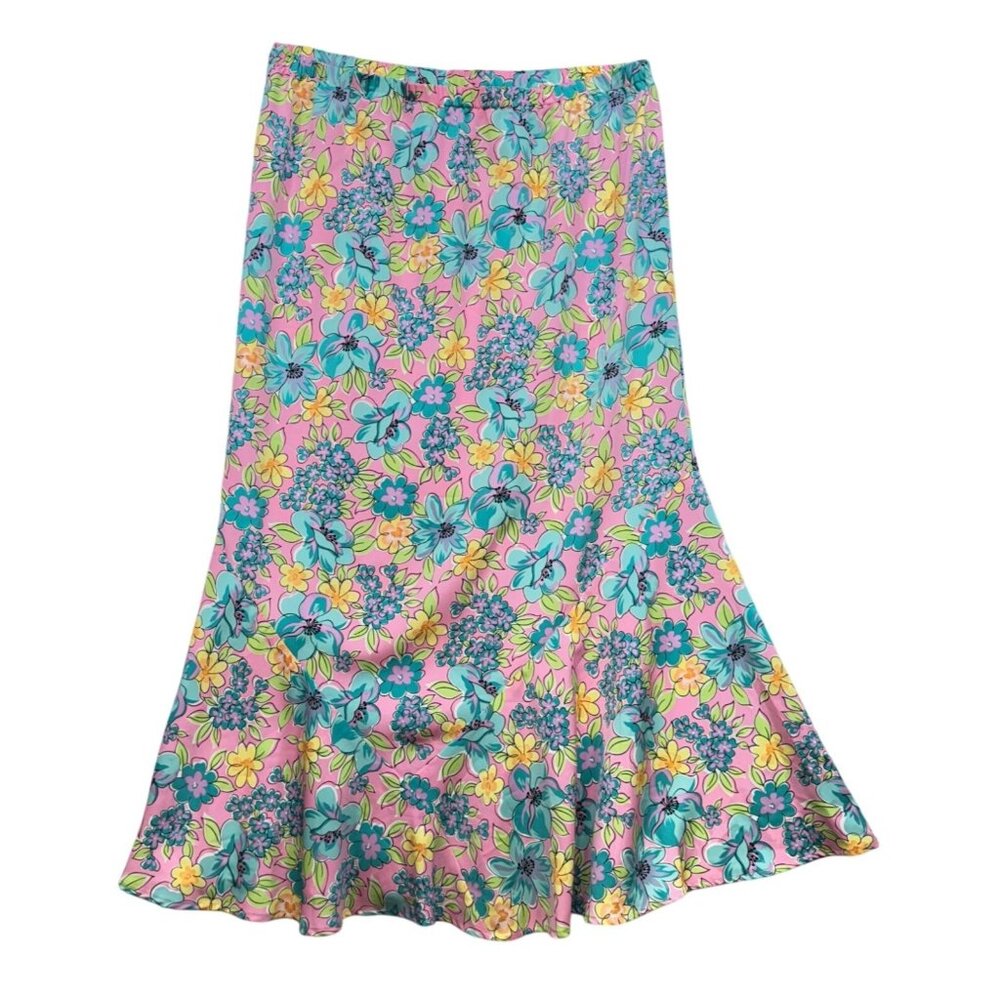 Sag Harbor Womens Midi Mermaid Skirt Sze 12 Pink Pastel Floral Pull On Boho Chic